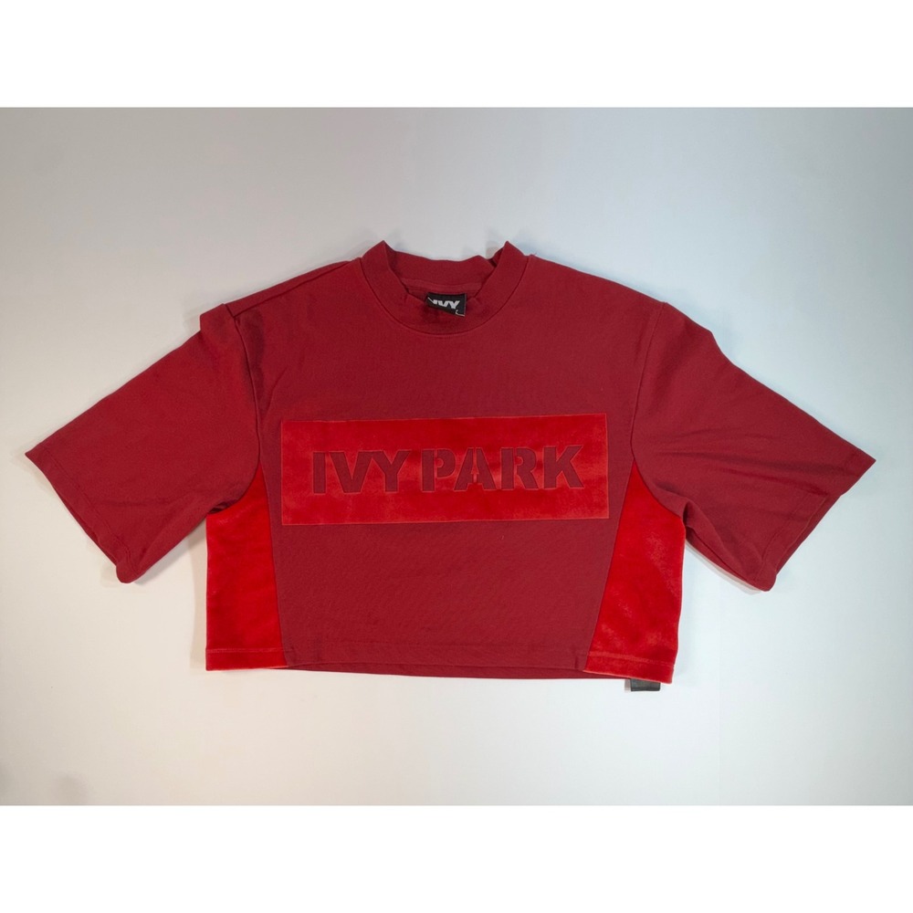 Ivy Park Womens Red Velvet Logo Cropped Short Sleeve Sweatshirt Mock Neck Small